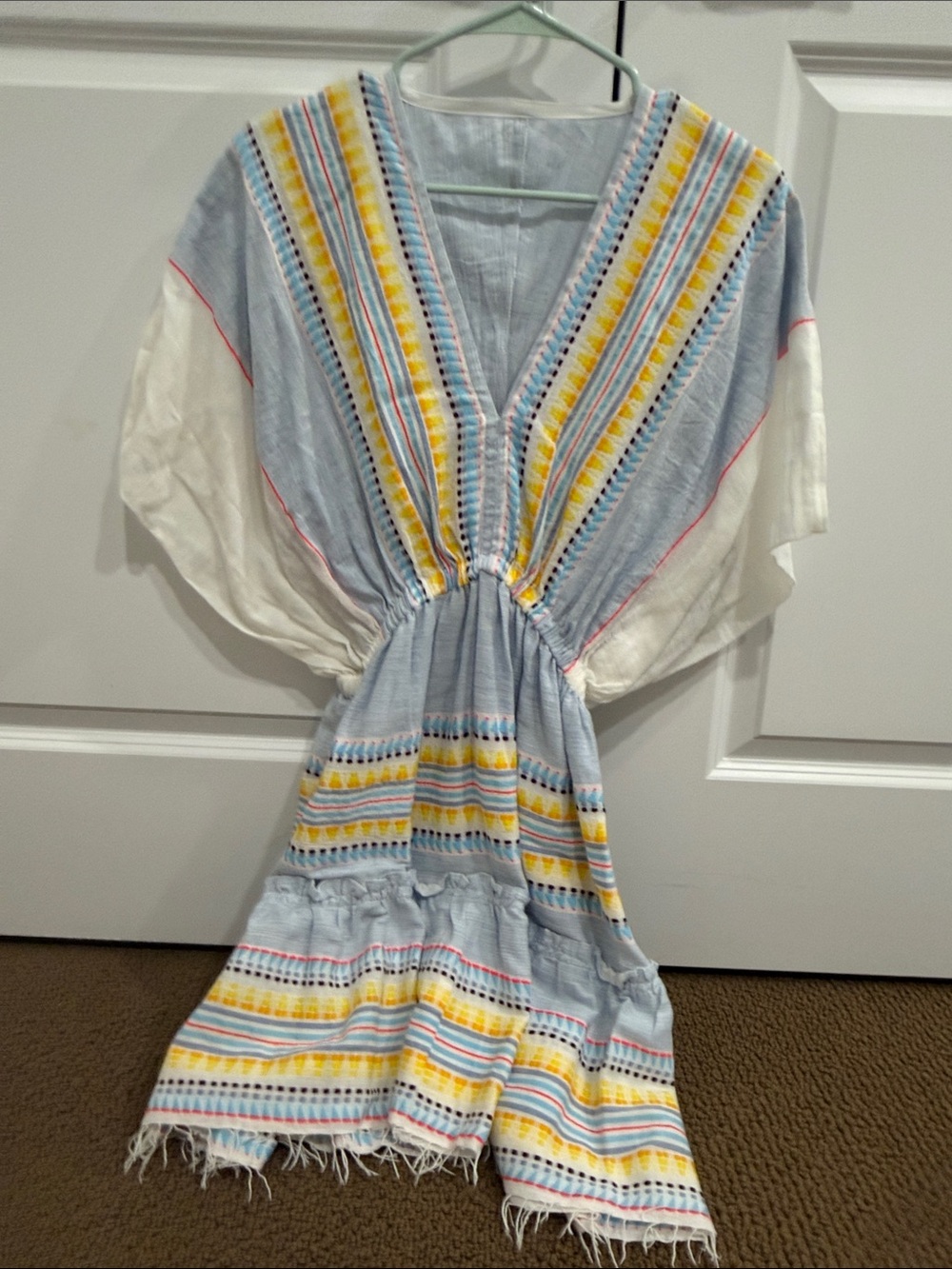 Lemlem Light Blue & Yellow Striped V-Neck Mini Dress